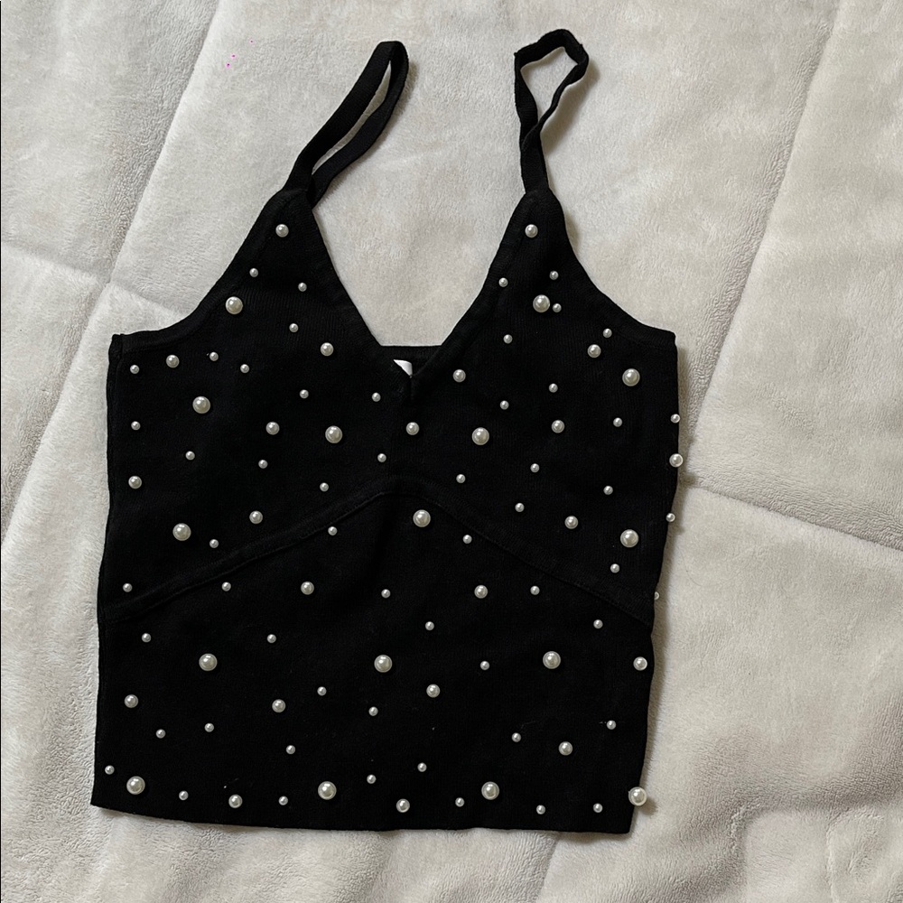 Black Croptop with Pearl Accents